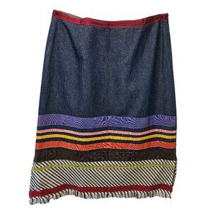 Neesh By DAR Denim Pencil Skirt Sz M Multicolor Striped Ribbon Applique